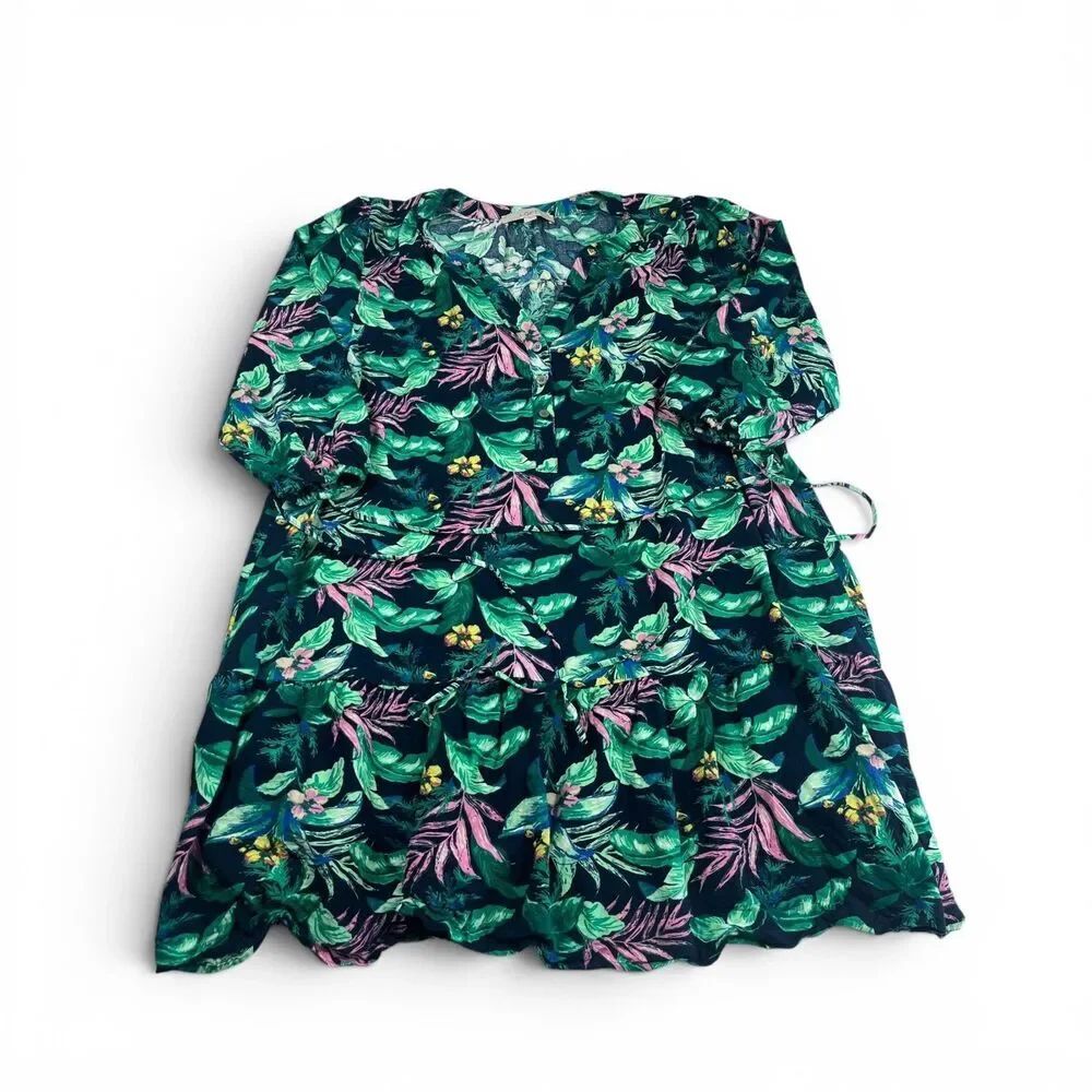 LOFT Linen Blend Flounce Shirt Dress Tropical Print Breathable Boho Waist Tie L